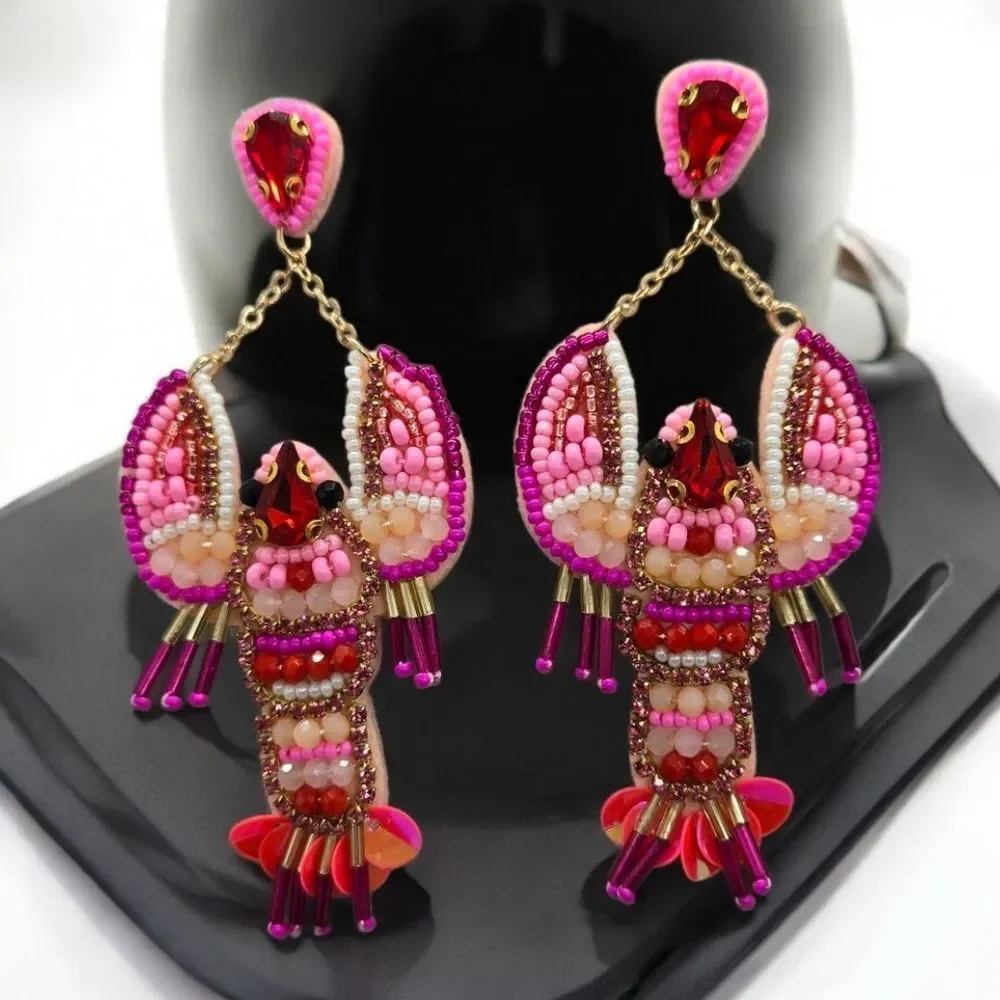 Beaded Lobster Earrings Sequin Bead Dangle Nautical Ocean Marine Jewelry Pierced